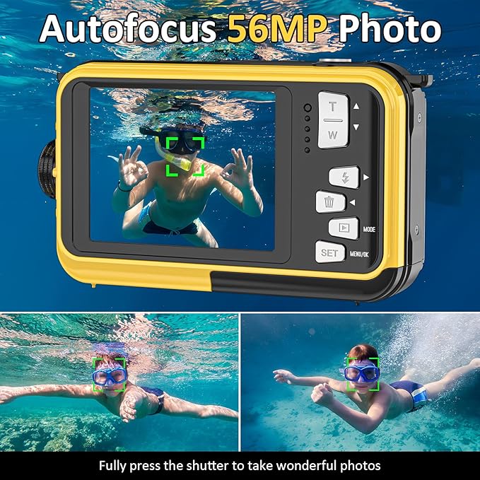 4K Digital Camera 11FT Underwater Camera with 32GB Card 56MP Autofocus Dual-Screen Selfie Waterproof Camera for Snorkeling Compact Floatable Point and Shoot Digital Camera 1250mAh Battery
