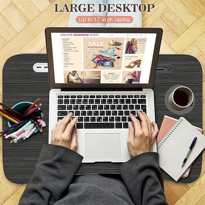 Zapuno Laptop Lap Desk, Foldable Laptop Table Tray with 4 USB Ports Storage Drawer and Cup Holder, Lap Bed Desk Notebook Stand Laptray Portable Standing Table for Bed Couch Floor