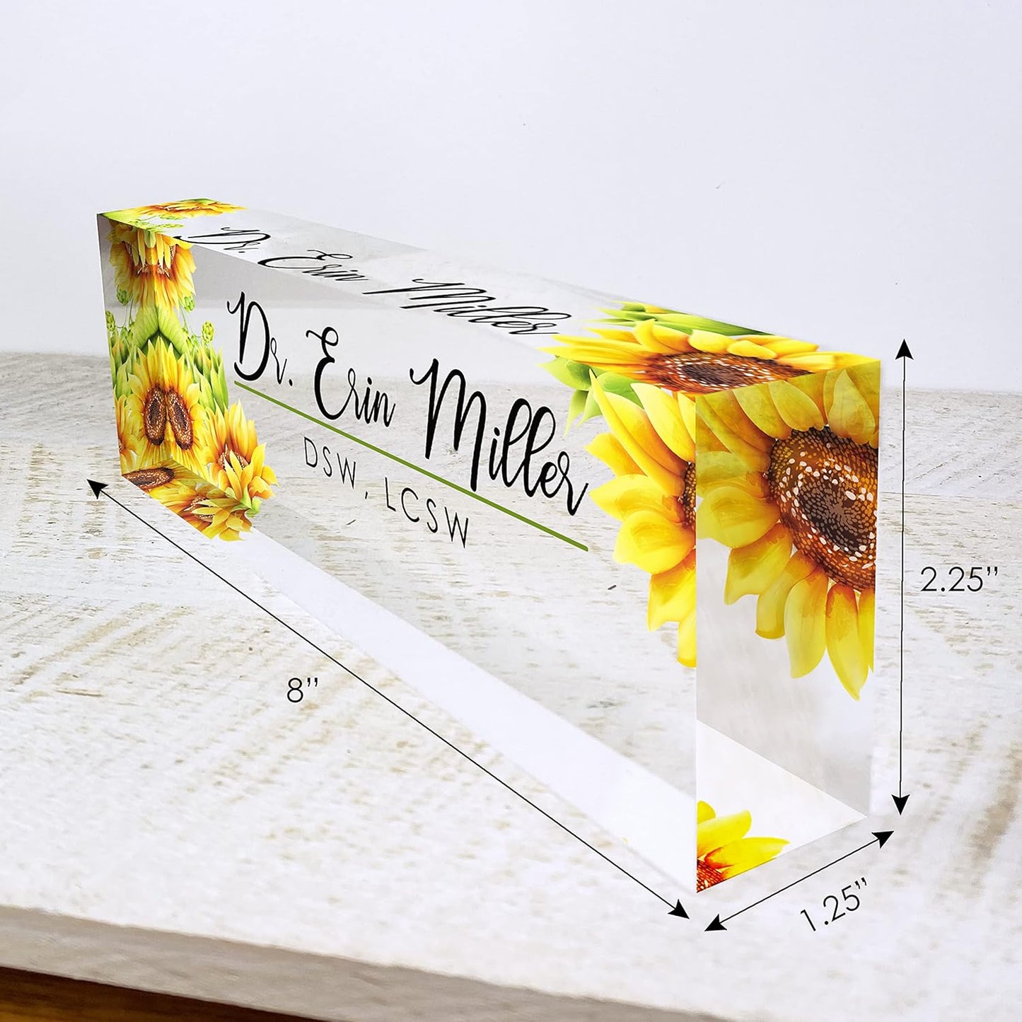 Artblox Office Desk Name Plate Personalized | Custom Name Plates for Desks | Sunflowers Design On Clear Acrylic Glass | Office Desk Decor - (8" x 2.5")