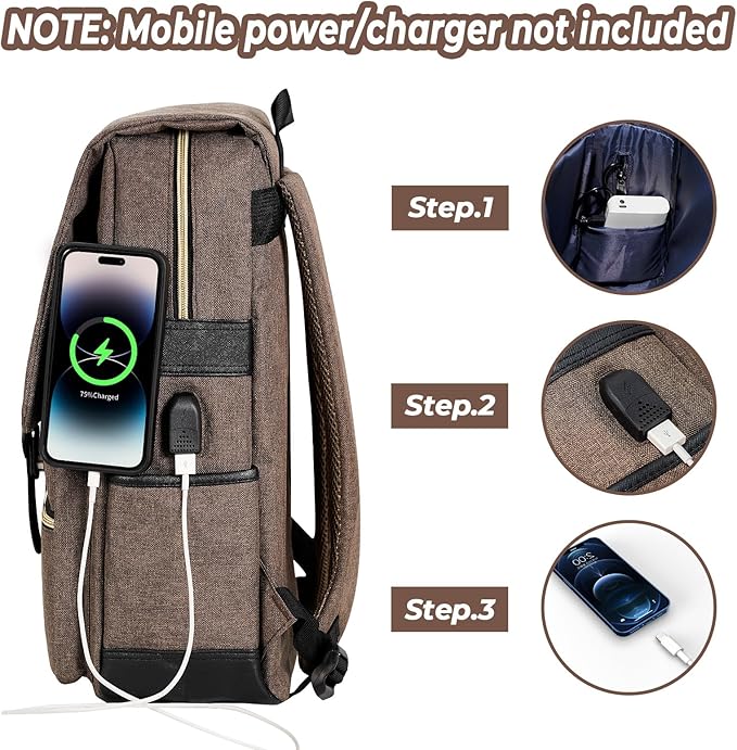 Ronyes Vintage Laptop Backpack for Women Men,15.6 inch Bookbag Casual Daypack with USB Charging Port for College Work, Brown Backpacks