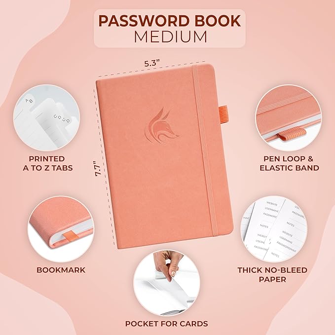 Clever Fox Password Book with alphabetical tabs. Internet Address Organizer Logbook. Medium Password Keeper for Website Logins (Peach Pink)
