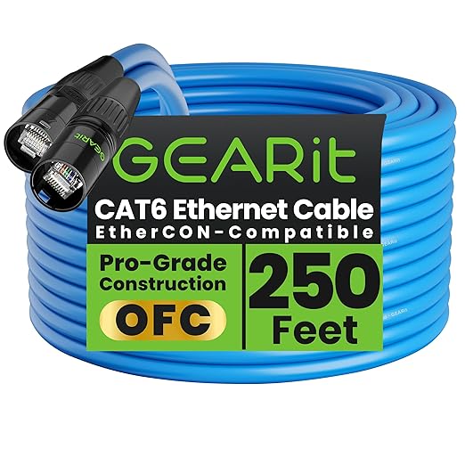 GEARit Shielded CAT6 Ethercon Cable (250 Feet) Professional Audio & Lighting RJ45 EtherCON-Compatible Cable for Studio, Stage, Concerts - 250ft Blue
