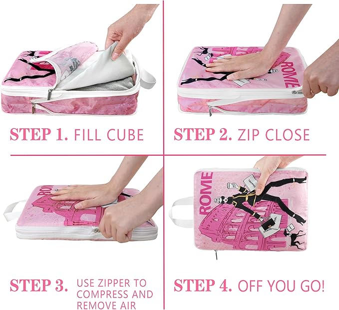 Compression Packing Cubes for Travel, 6 Set Pink Fashion Luxury Girly Luggage Organizers, Lightweight Waterproof Expandable/Compression Bags Smell Proof Travel Packing Cubes for Suitcases