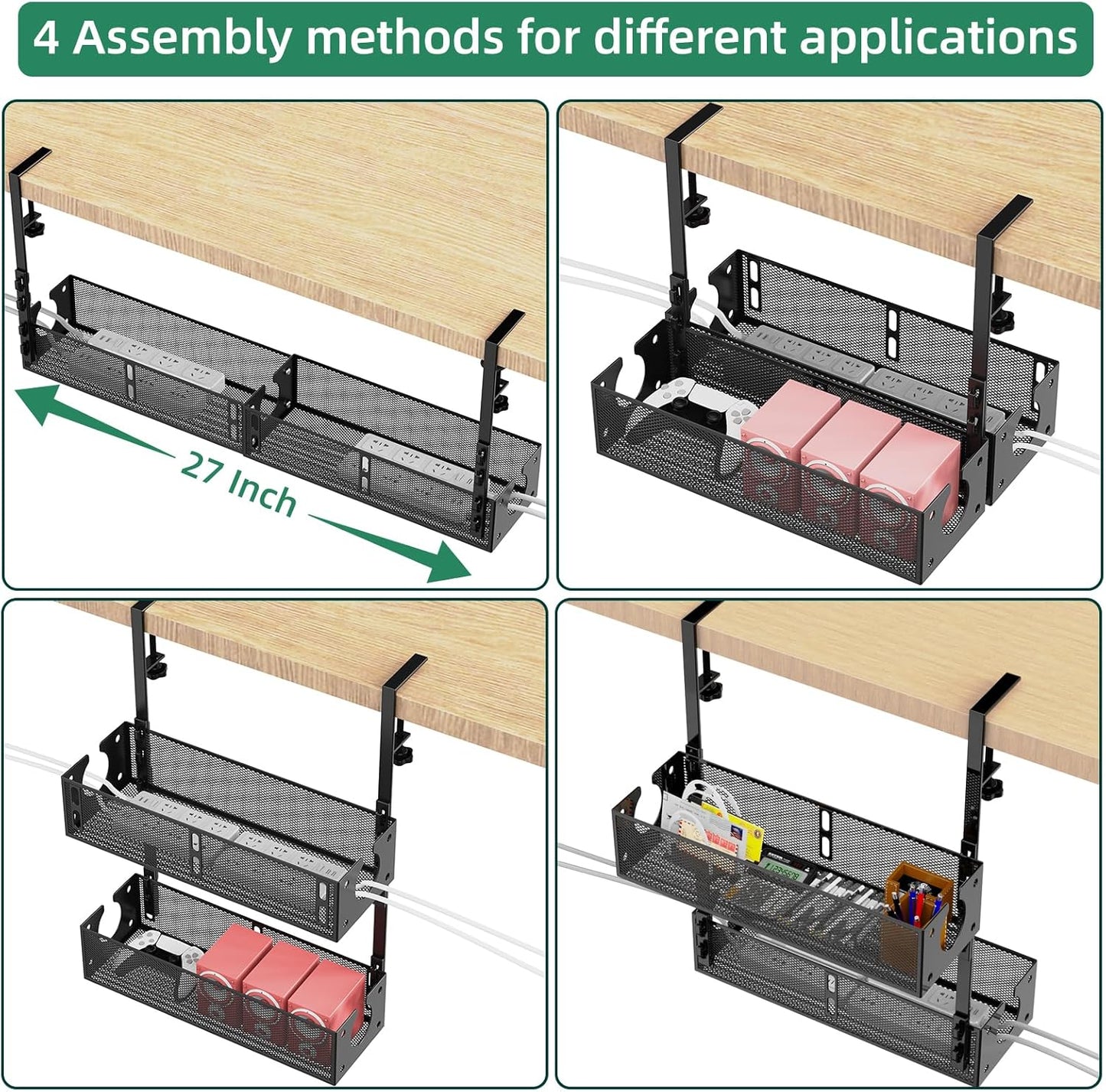 Multi-Model Under Desk Cable Management 2 Pack Metal Under Desk Wire Management Tray Clamp Mount Under Table Cord Management No Damage The Desk
