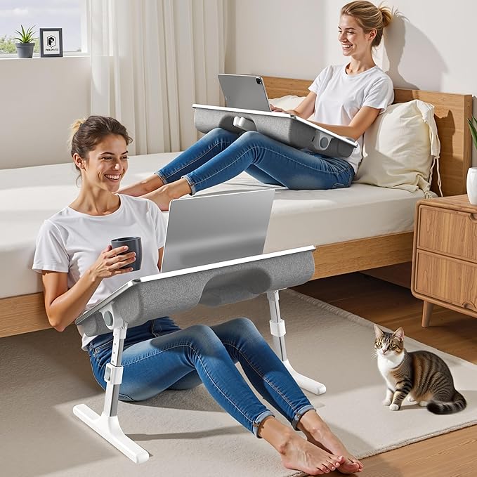 FoldWise 2-in-1 Lap & Bed Desk with Soft Cushions - Adjustable Height & Angle, Foldable Laptop Stand for Bed & Couch - Wrist Rest, iPad Holder, Stopper & Non-Slip Leather - Bed Table for Adults & Kids