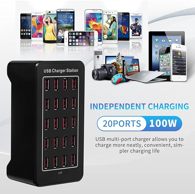 20-Port Desktop USB Charging Station - 100W Multi-Function Smart Charger for Smartphones, Tablets and More Devices