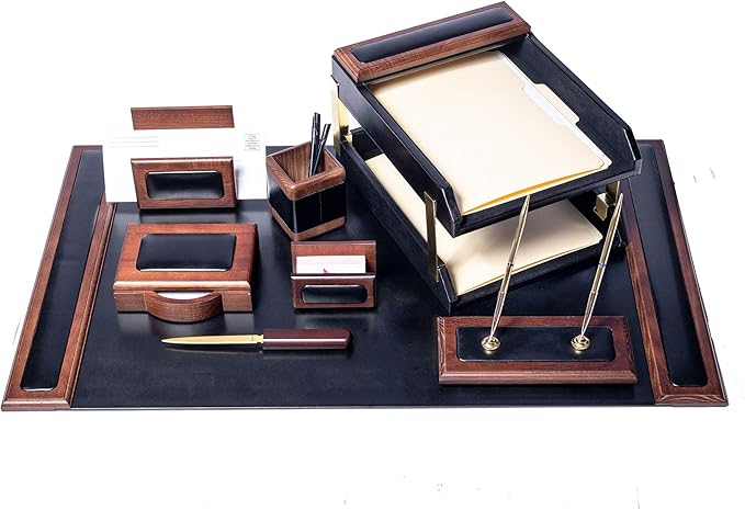 Dacasso Walnut and Black Leather Desk Set, 10-Piece, 34" x 20"