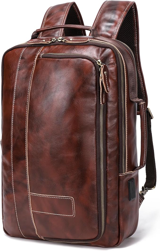 LANNSYNE Vegetable Tanned Leather Backpack for men, Expandable Leather Backpack Fits 15.6 Laptop, Tote Shoulder Travel Bag Rucksack