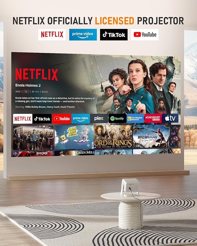 【Netflix Licensed & Auto focus Projector】VISSPL Smart Projector with WiFi and Bluetooth, Auto Focus & Keystone Protable Mini Projector with Stand, 4K Netflix Home Theater Projector
