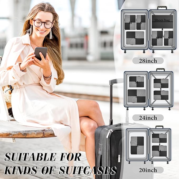 8 Set Compression Packing Cubes for Travel, Expandable Waterproof Travel Organizer, Lightweight Luggage Organizer with Shoes & Laundry Bags, Travel Accessories for Men Women, Black