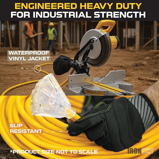 Iron Forge Cable 2 Foot Lighted Outdoor Extension Cord with 3 Outlets - 12/3 SJTW Heavy Duty Yellow Extension Cable 3 Prong - Multiple Outlets