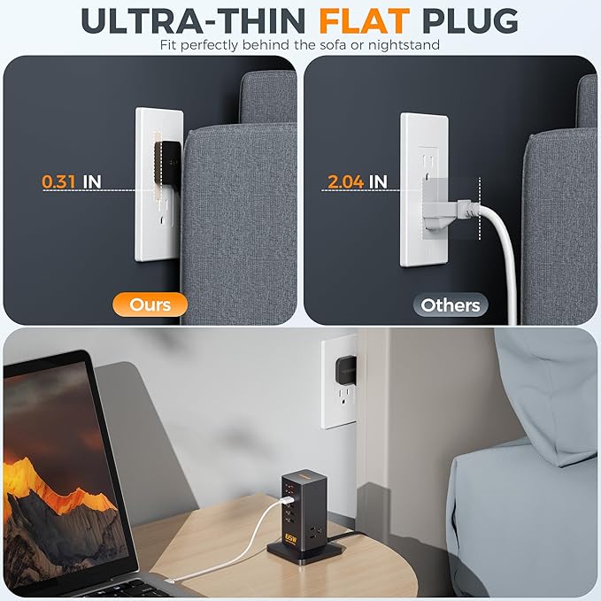 USB Charging Station for Multiple Devices PD 65W, TESSAN 9-in-1 USB C Charger Block for iPhone 16/15, MacBook, Tablet, Type C Desktop Charger with 3 AC, Home Travel Office Accessories