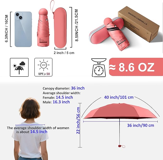 BAODINI Travel Essentials Mini Umbrella for Purse With Case Small Compact UV Sun Protection Lightweight Tiny Pocket Manual Open Close Umbrella for Women Kids and Men Fit Purse Backpack