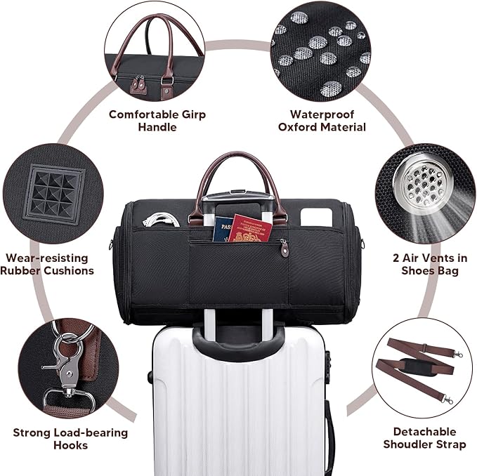 Carry on Garment Bag for Travel, Convertible Garment Duffle Bags for Men Women - 2 in 1 Hanging Suitcase Suit Travel Bags with Shoe Compartment