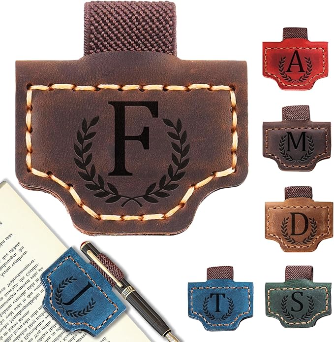 Personalized Bygone Mark Bookmark with Pen Holder, Leather Magnetic Bookmark 26 Letters Name Initial Bookmarks for Readers, Book Lover Gifts for Women Men Notebook Accessories (Coffee, F)
