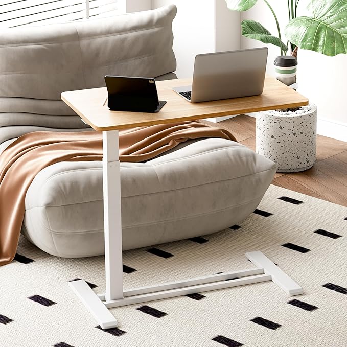 SANODESK Medical Adjustable Overbed Bedside Table with Hidden Casters, Pneumatic Mobile Laptop Computer Standing Desk Cart with Tray, Hospital and Home Use(31.5" W x 17.7" D, Maple)