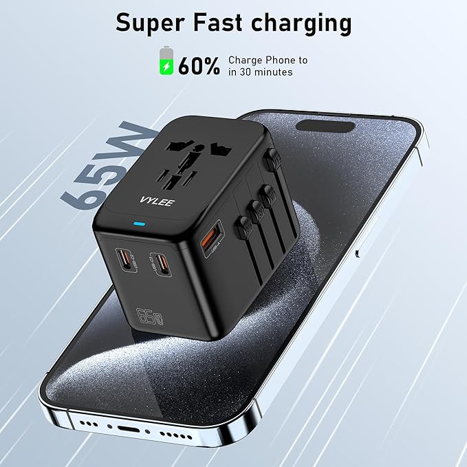 Universal Travel Adapter, 65W Fast GaN International Power Adapter, 3PD USB-C+1QC USB-A European Travel Plug Adapter, US, UK, EU, AU Worldwide Travel Charger for Laptops, Tablets, Phones