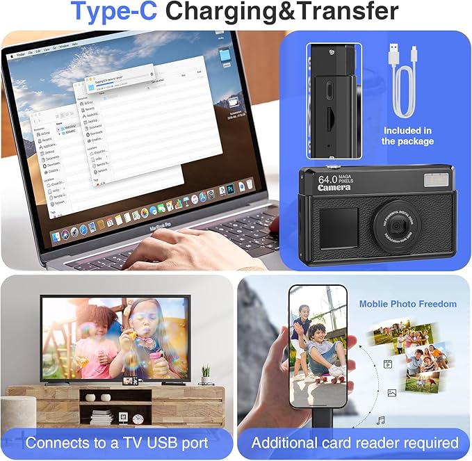 4K Digital Camera, 64MP FHD Autofocus Compact Camera with 32G SD Card with 2.8" Large Screen, 18X Digital Zoom, Portable Mini Camera for Photography, Suitable for Kids,Adult,Beginners