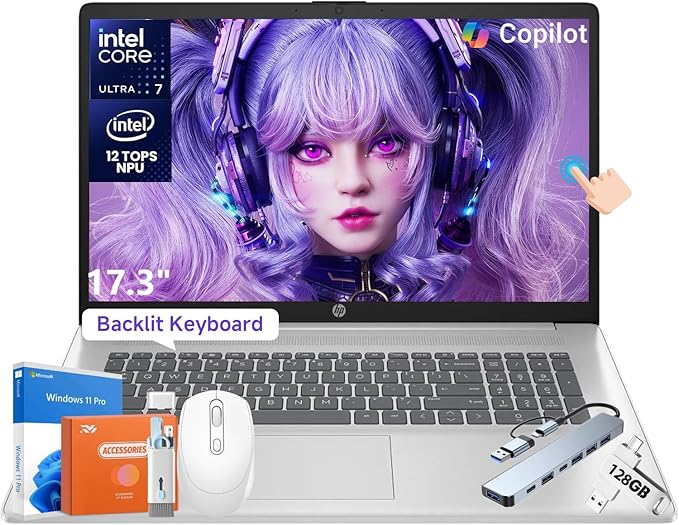 HP 2025 17.3" Business Laptop, 64 GB DDR5 RAM, 4 TB SSD, Intel Ultra 7 255U 12-Core Processor, Anti-Glare Touchscreen, Intel Graphics, AI Boost NPU, Backlit KB, Secure Privacy Camera, w/Accessories