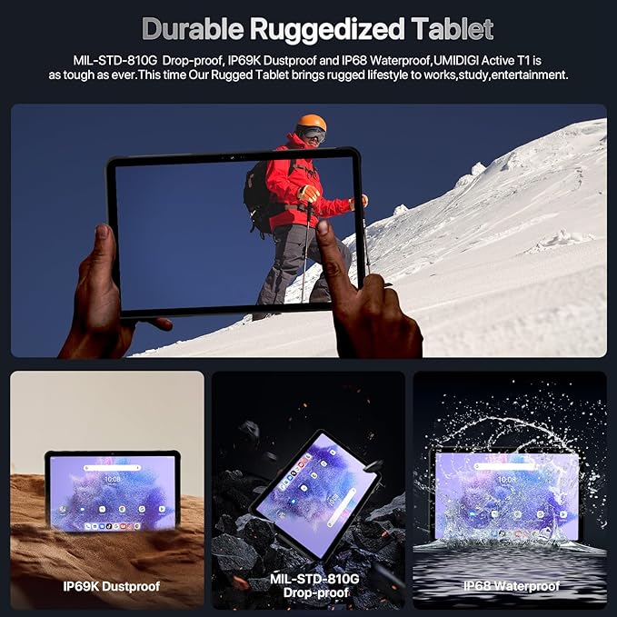 UMIDIGI 2K 11inch Rugged Tablet Android,Active T1 Octa-core 16GB RAM+128GB ROM,10000mAh,16+16+8MP Camera Waterproof Tablet with SIM Card Slot Unlocked/Stylus Pen/4G LTE/WiFi-5/BT 5.0/GPS,Warranty