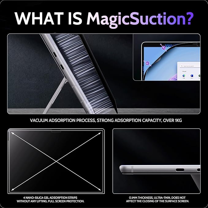 Privacy Screen for 13 Inch Surface Pro 11/10/9/8/X, MagicSuction™ Removable Anti Spy Black Protector, Glare Blue Light Filter for Microsoft Laptop Computer Monitor