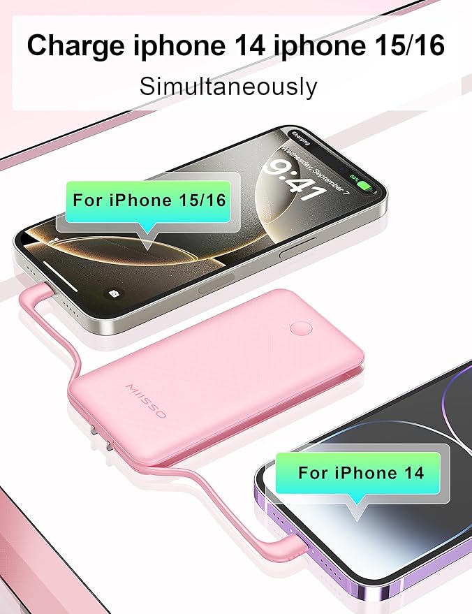 miisso Ultra Slim 10000mAh Power Bank Built-in Cables and Foldable AC Wall Plug, Pocket Size USB C Portable Charger, External Battery Pack Compatible with iPhone Samsung, 2 Pack Black & Pink