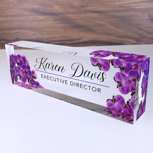 Artblox Office Desk Name Plate Personalized | Custom Name Plates for Desks | Purple Orchid Design On Clear Acrylic Glass | Office Desk Decor - (8" x 2.5")