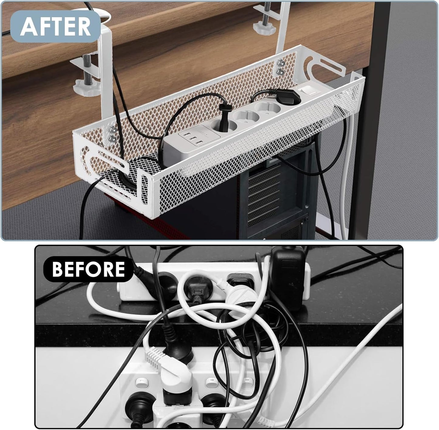 Cable Management, 2 Pack Cable Management Under Desk No Drill, Metal Cord Organizer with Clamp for Standing Desk, Cable Organizer for Home Office, White