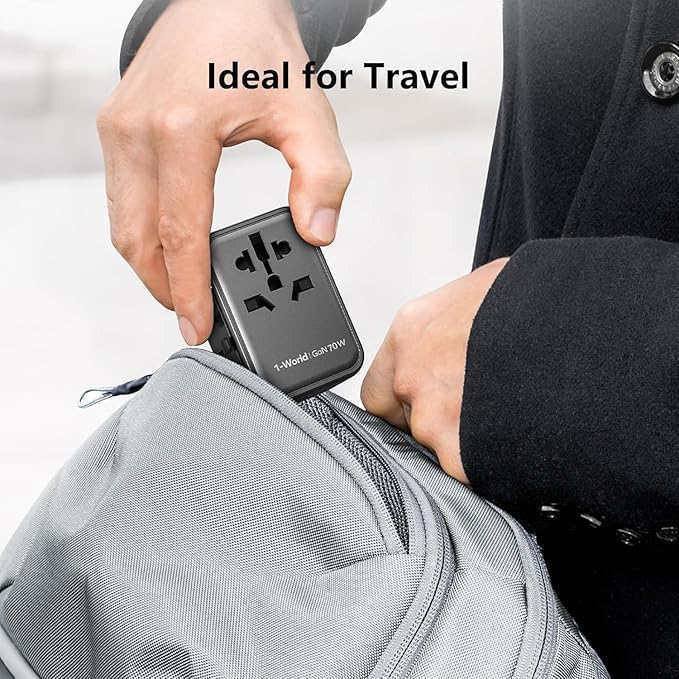 MOMAX Universal Travel Adapter, GaN 70W International Power Adapter, 3 USB-C PD Fast Charging & 2 USB-A QC, 1 AC, All-in-one International Plug Adapter for Travel European UK AUS JP