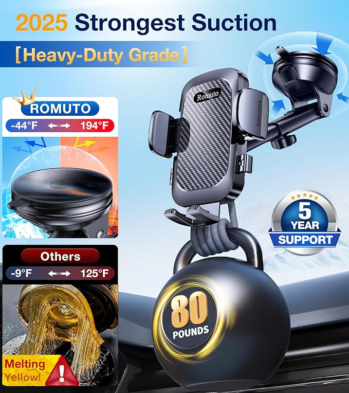 Romuto Car Phone Holder Mount【2025 Strongest Suction】 Phone Mount for Car Cell Phone Holders for Your Car Accessories for Women Men Dash Windshield Vent Truck Stand for iPhone Samsung Camera Mounts