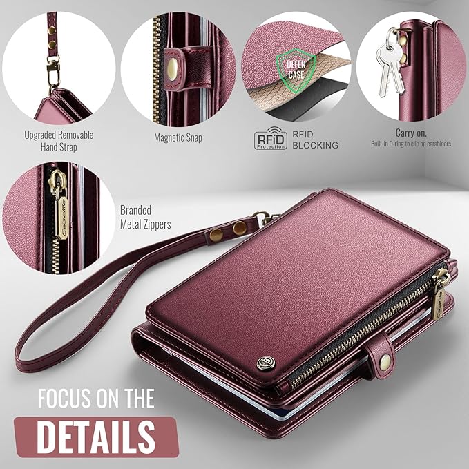 Passport Holder Wallet Bag with AirTag Holder, 11 Card Slots and Passport Solt Cash Solt Photo Solt Zipper Pocket, RFID Blocking Wristlet Strap.Wine