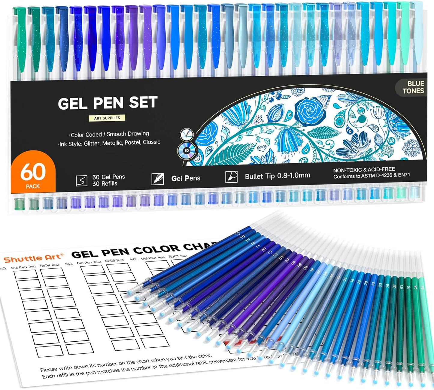Shuttle Art 60 Pack Blue Tone Gel Pens, 30 Blue Tone Gel Pens with 30 Refills for Adults Coloring Books Journaling Drawing Nature, Landscapes, Animals Scenes