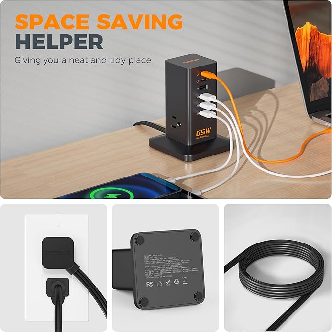 USB Charging Station for Multiple Devices PD 65W, TESSAN 9-in-1 USB C Charger Block for iPhone 16/15, MacBook, Tablet, Type C Desktop Charger with 3 AC, Home Travel Office Accessories
