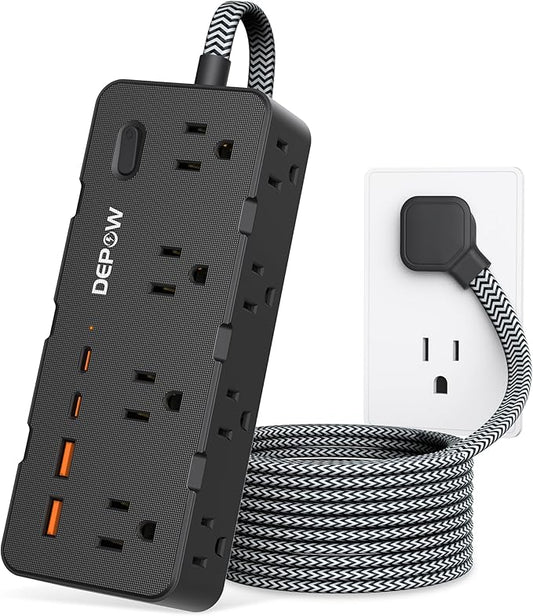 Power Strips with Surge Protection, 5FT Braided Extension Cord with Multiple Outlets-8 AC Outlets 4 USB Ports (2 USB C), Flag Plug, 1700 Joule Surge Protector for Home Office, Black