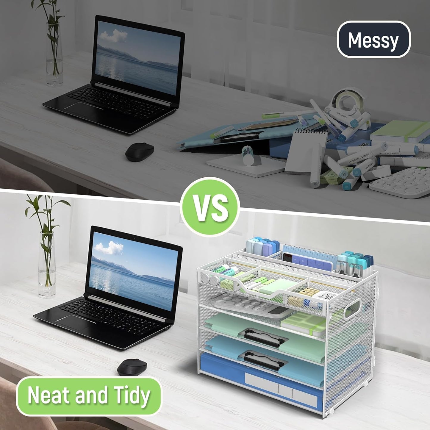 Docnest 5 Tier Mesh Desk Organizer- Letter Tray with Adjustable Compartments, Mesh Desktop Storage Built in Pen Holder and Handles, Desk Organizer Tray for Mail Documents Office Supplies–White