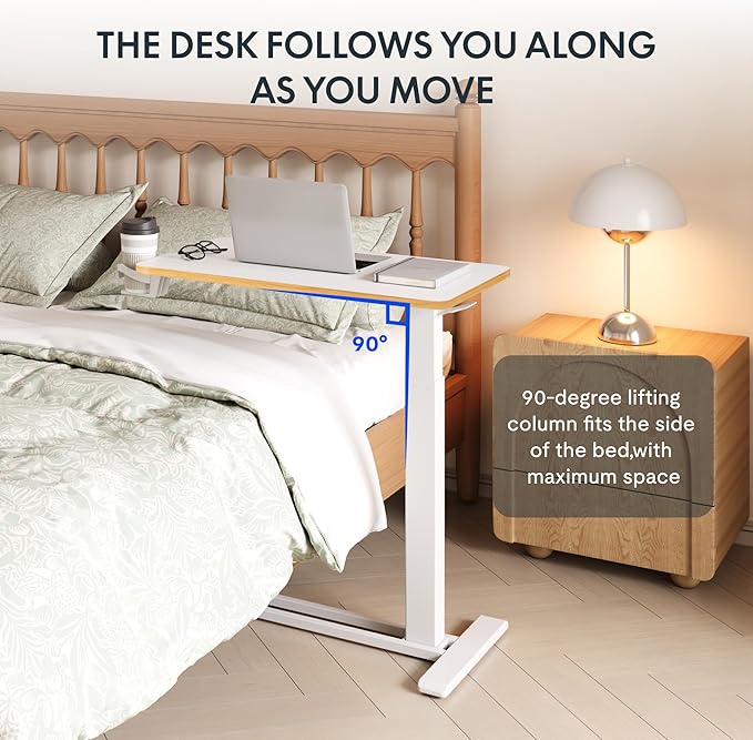 FLEXISPOT H7 Adjustable Overbed Bedside Table with Wheels Pneumatic Mobile Standing Desk Laptop Desk Rolling Computer Cart Movable Overbed Table Hospital Home Use(27.6" W x 15.7" D, White Maple)