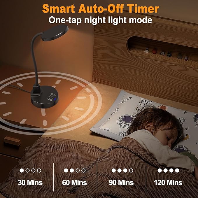 15W LED Desk Lamp with USB Charging Ports – Dimmable Table Lamp with 3 Color Temps, 5 Brightness, 4 Timers, Flexible Gooseneck Light with Base, Eye-Caring Reading Light for Home Office, Bedroom, Study