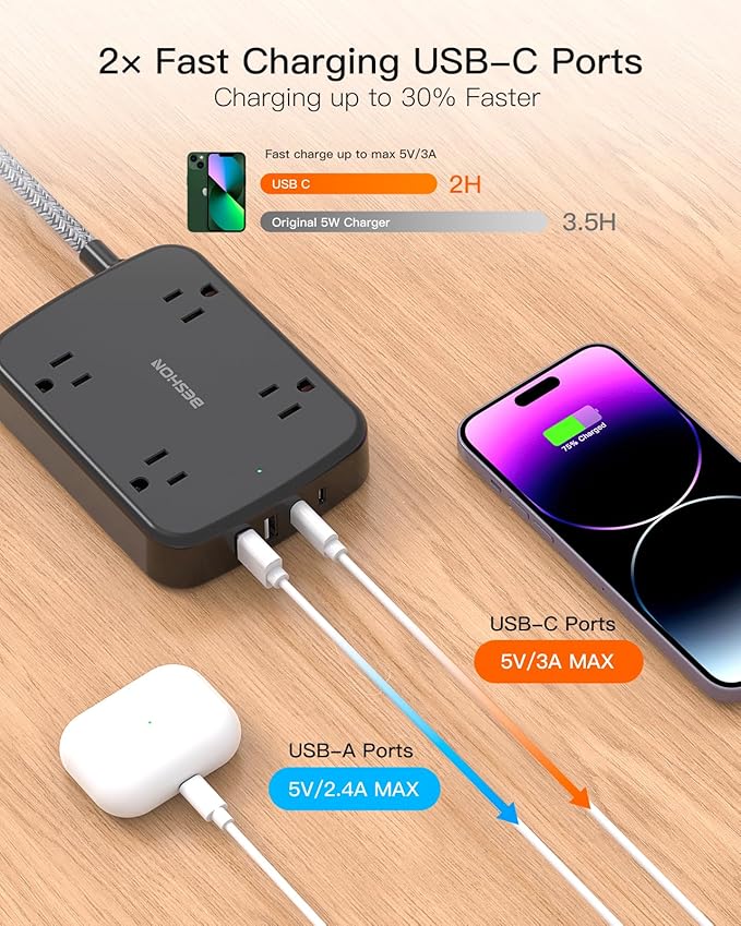 10FT Surge Protector Power Strip, BESHON Flat Extension Cord with 2 USB C, Flat Plug Power Strip, 4 Widely Outlets and 4 USB Charging Ports, 900 Joules, for Home Office Dorm Room Essentials,Black