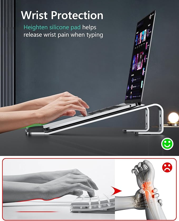 Aluminum Laptop Stand, Notebook Stand with Wrist Rest, Ergonomic Detachable Laptop Mount, Computer Stand Compatible with 10-17'' All Laptops Such as MacBook Air Pro/HP/Dell/Lenovo, Silver