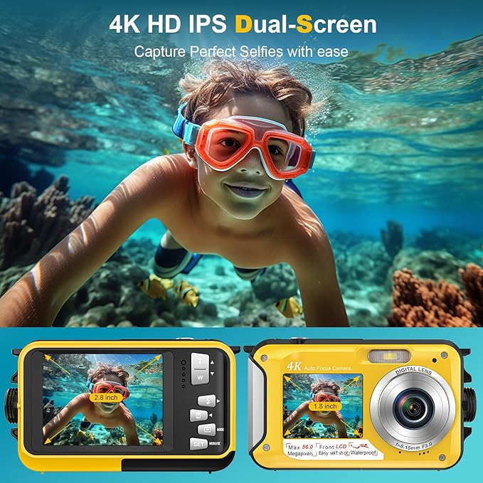 4K Underwater Camera with 32GB Card 1250mAh Battery 56MP Autofocus 16FT Waterproof Camera Dual-Screen Selfie 16X Waterproof Floatable Digital Camera Underwater Camera for Snorkeling