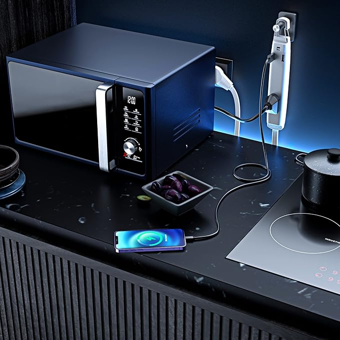 360° Rotating Flat Plug Extension Cord with USB Ports and a Removable Hook White Extension Cord 12 ft (16 Gauge) UL Certified