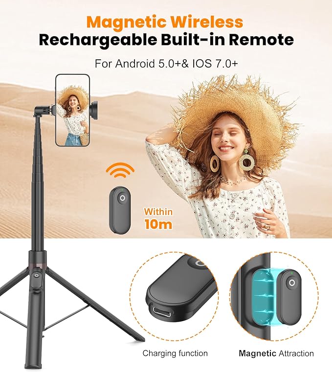 TONEOF 66" Automatic Tripod,Auto-Open Phone Tripod Stand with Magnetic Rechargable Remote,Selfie Stick Tripod 360° Vertical & Horizontal Rotatable,Stable Travel Tripod for iPhone/Android(Black)