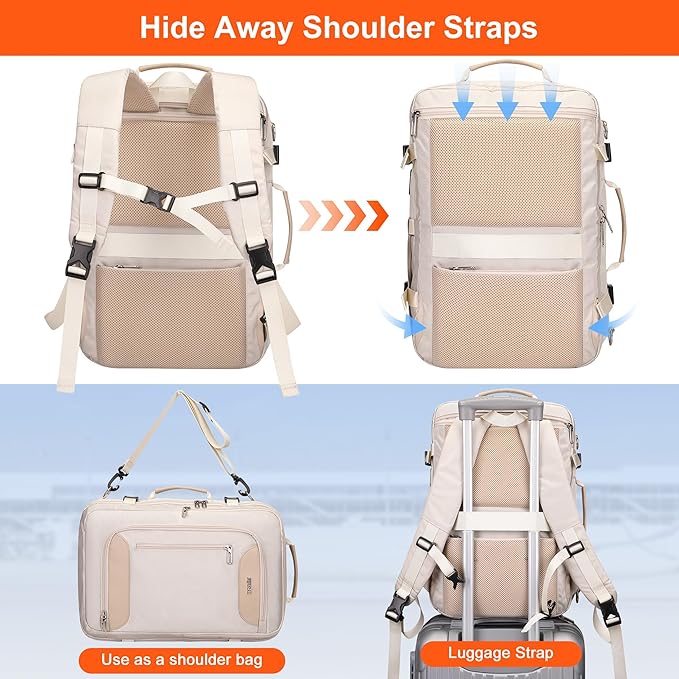 PIJUSHI Travel Backpack for Women Flight Approved Carry on Bag 16 inch Laptop Personal Item Daypack with Shoe Compartment(PE038 Beige)