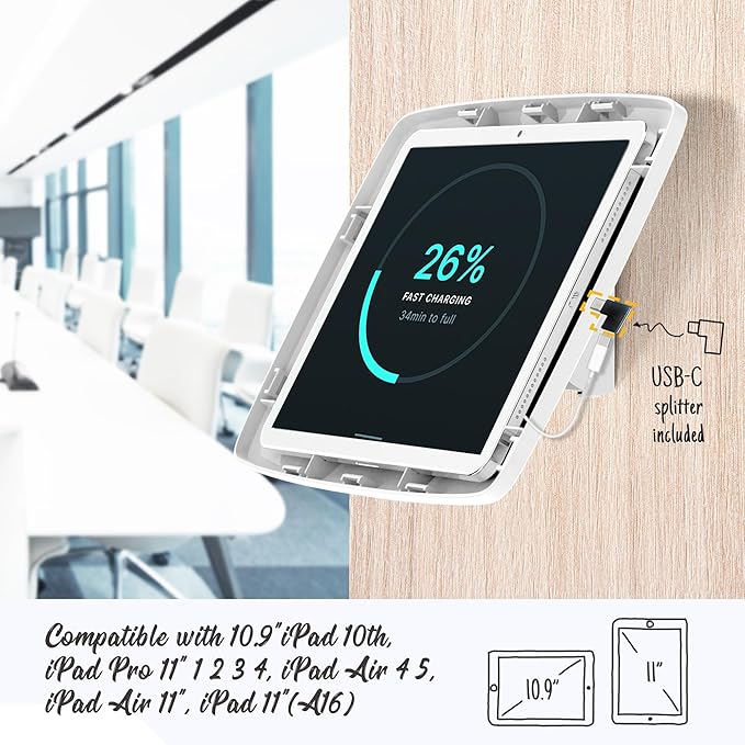 Tablet Wall Mount Lockable Tiltable Anti Theft Security - Compatible with 10.9" iPad 10th, Pro 11" 1 2 3 4, Air 4 5, Air 11", iPad 11"(A16) - BSW102WA