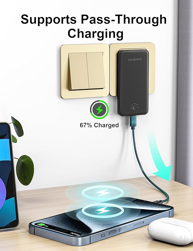 miisso Ultra Slim 10000mAh Power Bank Built-in Cables and Foldable AC Wall Plug, Pocket Size USB C Portable Charger, External Battery Pack Compatible with iPhone Samsung iPad etc, Black