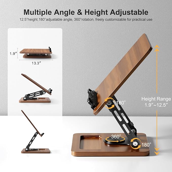 Book Stand for Reading, 360° Rotating Hands Free Book Holder, Adjustable Height and Angle, Page Clip for Cookbook, Recipe, Magazine, Laptop,Tablet, Foldable for Kitchen, Office, School