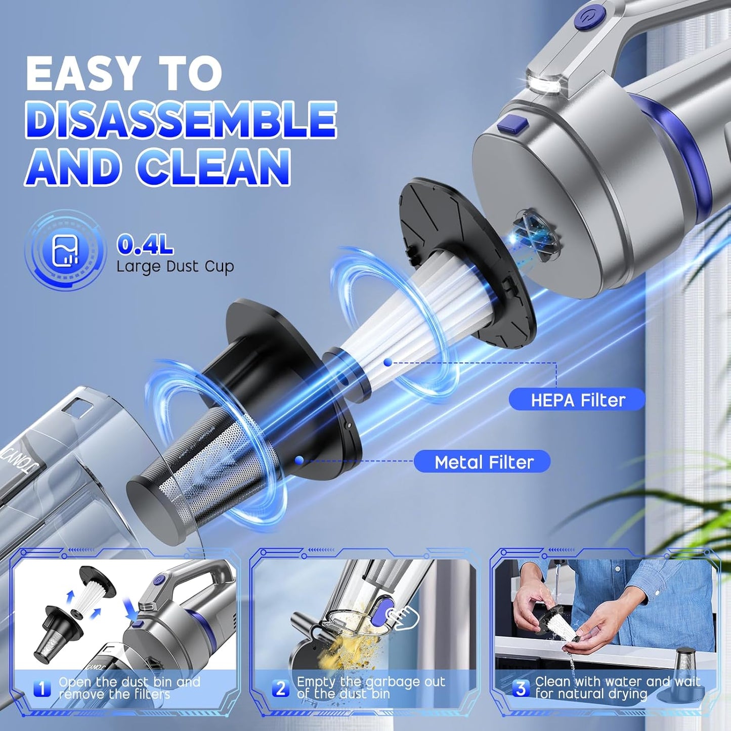 JONYJ Handheld Vacuum Cordless, 16000PA Strong Suction Hand Held Car Vacuum Cleaner, Portable Hand Vacuum Rechargeable with Multi-Nozzles & LED Light for Home, Car, Office, Pets