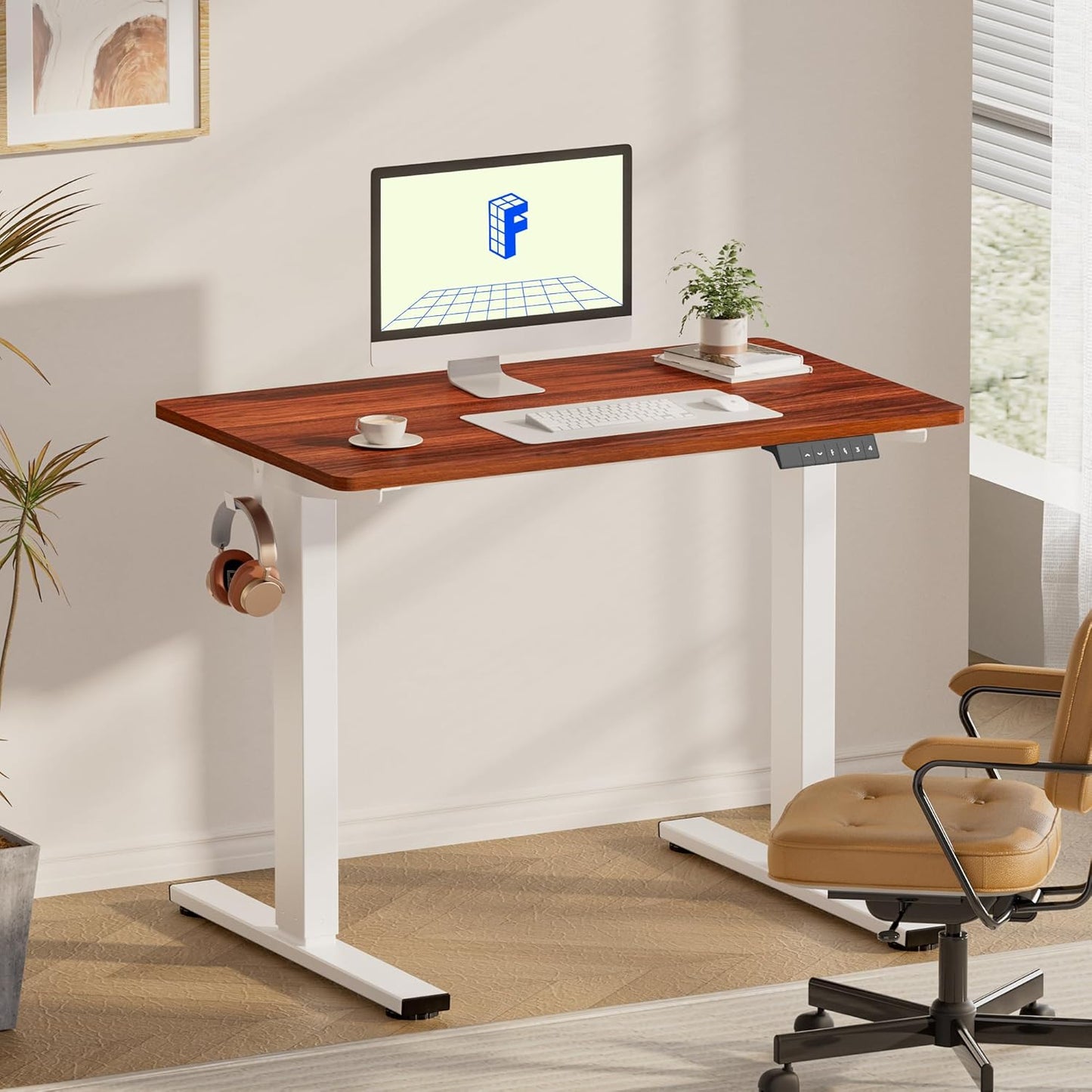 FLEXISPOT EN1 Electric Standing Desk, Sit Stand Desk Home Office Workstation, 42x24, Walnut Desktop + White Frame