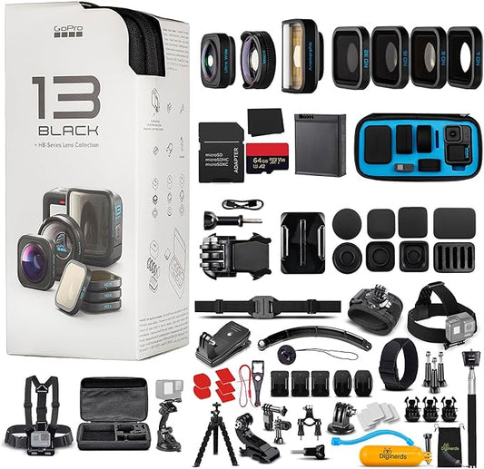 GoPro HERO13 (Hero 13) with HB-Series Lens Collection - Waterproof Action Camera with 5.3K HDR Video, 27MP Photos, 1/1.9" Image Sensor, Live Streaming, Webcam + 64GB Card & 50 Piece Accessory Kit