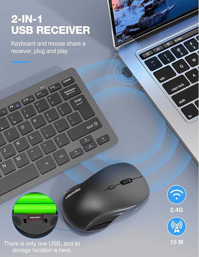 TECKNET Wireless Keyboard and Mouse Combo, Mini Cordless Computer Keyboard and Mouse Set 2.4GHz, Silent Adjustable 1600 DPI, Quiet Click, Lag-Free for Computer, Laptop, PC, Windows, Mac, Chrome OS(GS)